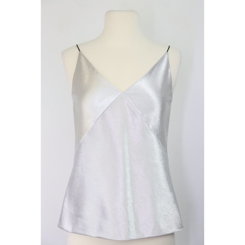 Vince Metallic Satin V-Neck Cami Sleeveless Skinny Strap Camisole Tank Silver XS - Picture 4 of 8